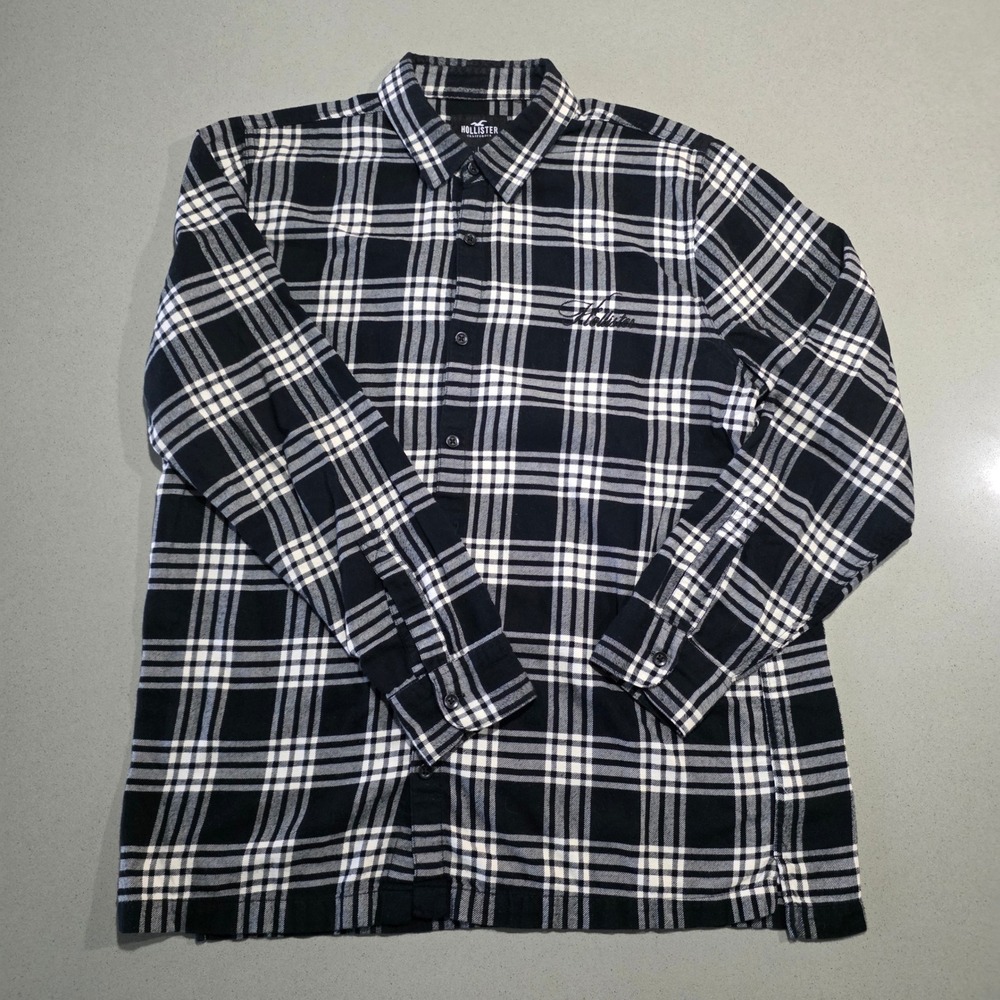 Hollister Mens Large Black White Plaid Flannel Button Down Long Sleeve Shirt L